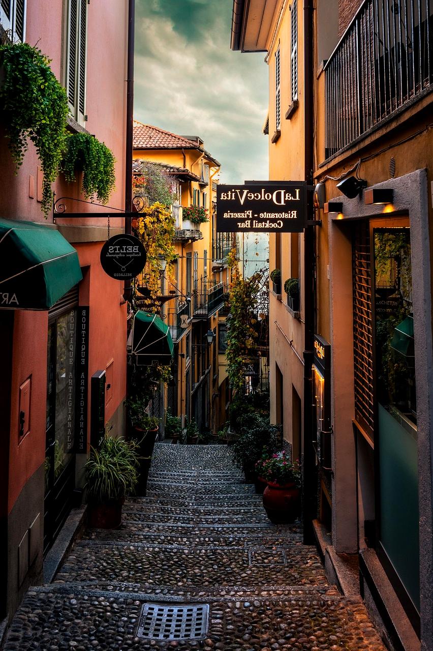 Cobblestone street in York with medieval architecture